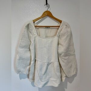 Madewell White Textured Cotton Gauze Peplum Blouse Puff Sleeve Milkmaid Top L